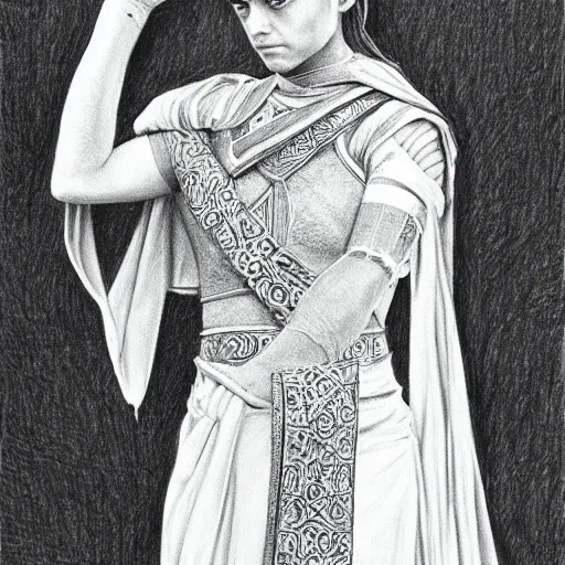 Prompt: arya stark as goddess ishtar wearing her ancient cloth, detailed pencil drawing by glenn vilppu