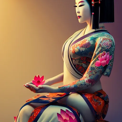 Image similar to an android geisha in a lotus position wearing a flowing kimono and tattoos, octane render, unreal engine, 8 k, cinematic, artwork by ilya kuvshinov