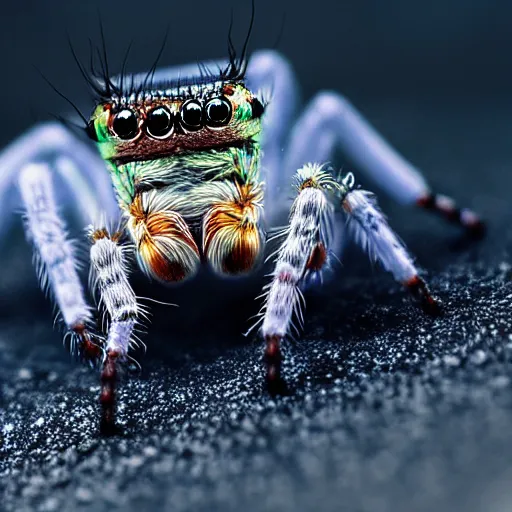 Image similar to a jumping spider using a shrunk computer keyboard, by pixar, macro lens, iridescent, style plate