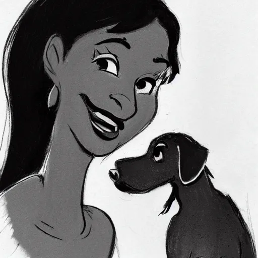 Image similar to milt kahl sketch of black hair cuban girl with dog nose