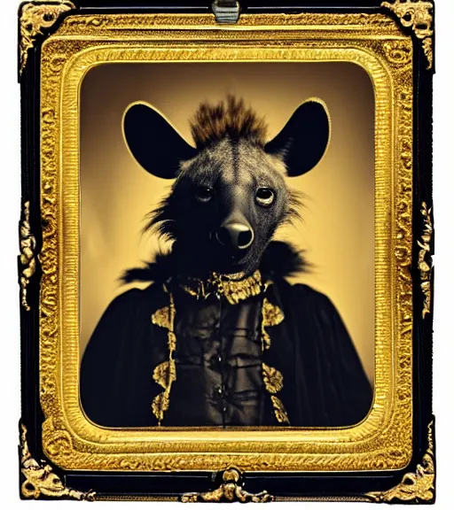 Prompt: professional studio photo portrait of anthro anthropomorphic spotted hyena head animal person fursona wearing elaborate pompous royal king robes clothes gold frame by Louis Daguerre daguerreotype tintype