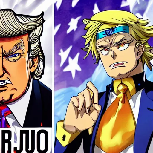 Image similar to trump as a jojo character, anime key visual, jojo the bizarre adventure