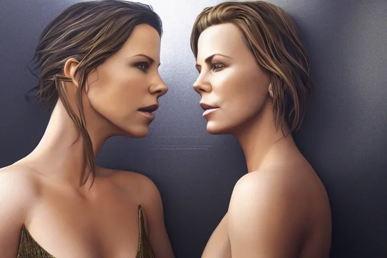 Prompt: a very beautiful hyper - realistic portrait of kate beckinsale and charlize theron looking at each other, rendered by beeple, by makoto shinkai, syd meade, starwars, digital art, unreal engine, wlop, trending on artstation, 4 k uhd image, octane render