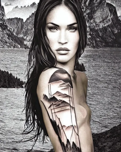 Image similar to creative double exposure effect tattoo design sketch of megan fox faded with beautiful mountain scenery, realism tattoo, in the style of matteo pasqualin, amazing detail, sharp