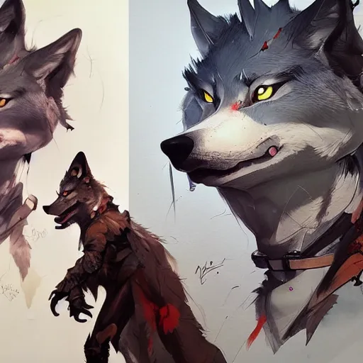 Image similar to concept art of anthropomorphized wolf, highly detailed painting by dustin nguyen, akihiko yoshida, greg tocchini, 4 k, trending on artstation, 8 k