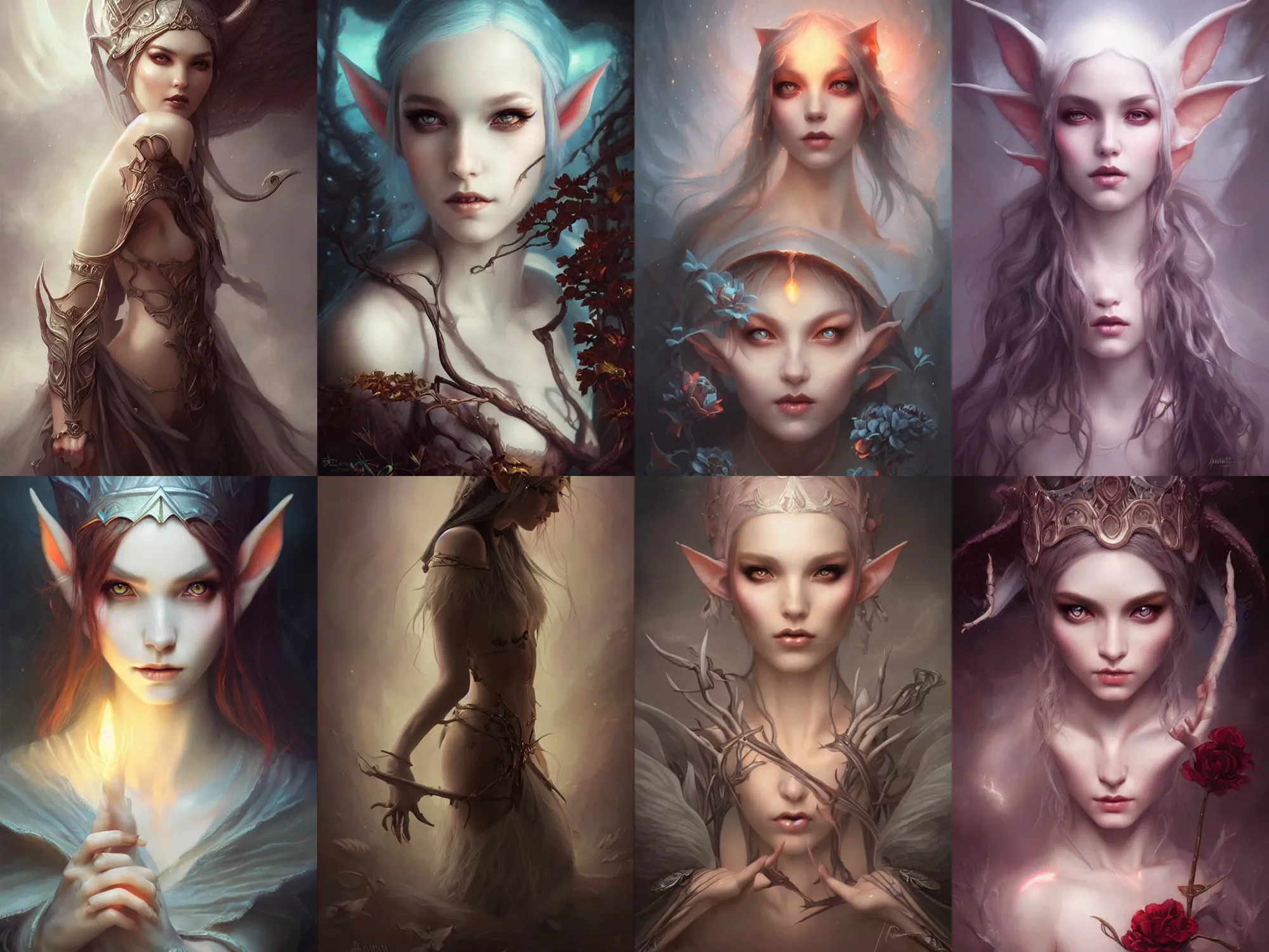 Prompt: a hauntingly beautiful elf princess, painted by artgerm and tom bagshaw, fantasy art, dramatic lighting, highly detailed oil painting