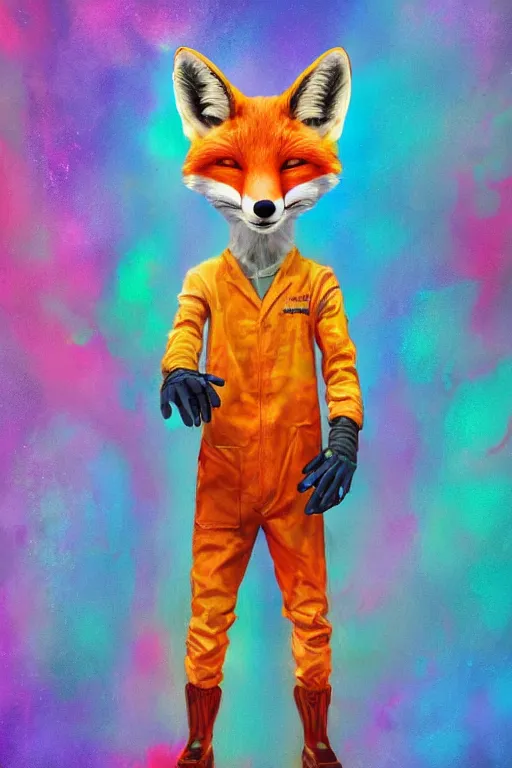 Image similar to a humanoid fox wearing scientist's clothes and doing experiments with colorful chemicals, digital painting, masterpiece, digital art, high quality, highly detailed, concept art, trending on deviantart, high coherence, anatomically correct, five fingers, cinematic, high definition, path traced