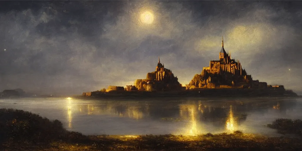 Image similar to masterpiece oil painting portraying mont saint michel in the style of romanticism landscape painters with a tree on the foreground,beautiful,misty,night sky,evocative,reflection in the water,photorealistic,chiaroscuro,soft lighting