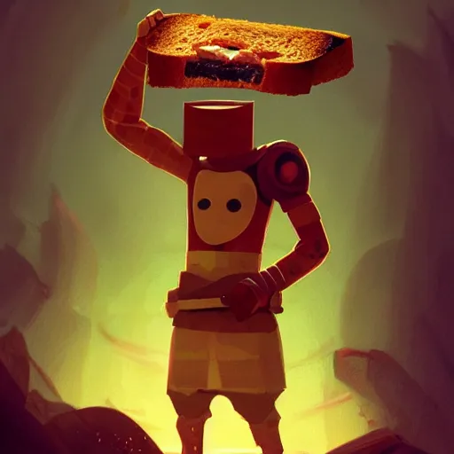 Image similar to battle toast, a slice of toasted bread with a face, arms and legs, holding a sword, volumetric lighting, dynamic composition, fantasy, hyper detailed, ultra realistic, sharp focus, octane render, concept art by sachin teng and sergey kolesov and ruan jia and heng z