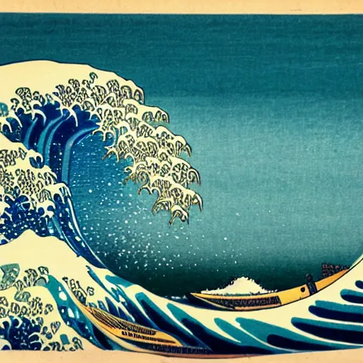Image similar to a surfer over a wave, by Hokusai