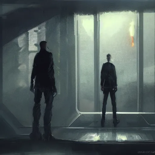 Image similar to concept art by greg rutkowski, a very tall, and slender man with messy blond hair, wearing a black sweater, sitting in the spaceship command bridge, brutalist futuristic interior, dark lighting atmosphere, detailed portraits, nostalgic atmosphere, scifi, digital painting, artstation, concept art, smooth, sharp foccus ilustration, artstation hq