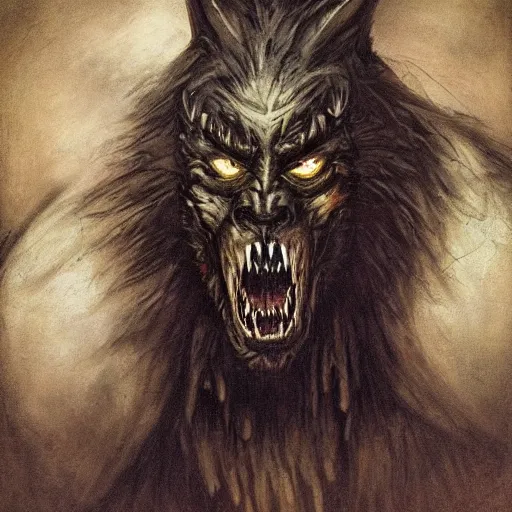 Image similar to werewolf lycanthrope monster makeup grinning grimpunk vile reprobate portrait portrait Wolfman Wolfman Fenrir with tombow odd nerdrum greg rutkowski frank frazetta alexandre briclot Dave Dorman splatterpaint