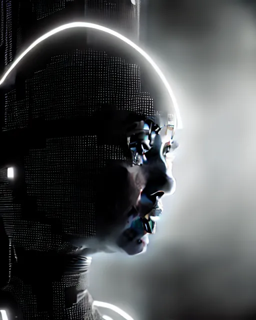 Image similar to black and white high quality photo of a beautiful female AI cyborg looking into a sci-fi mirror, volumetric lighting, liminal space, brutalism, foggy, dreamy, hyperdetailed, bokeh, photorealistic, cinematic, masterpiece, Metropolis, elegant, dark, octane render, 8K, in the style of H.R. Giger