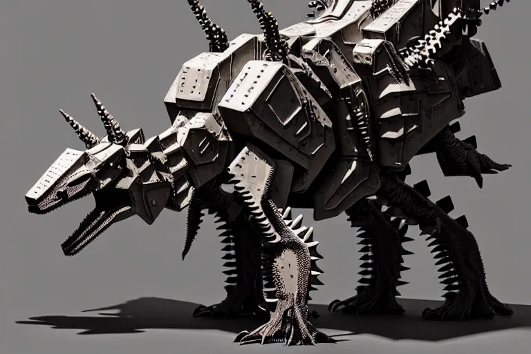 Image similar to stegosaurus in a cyborg mech suit, by alexandre ferra, zezhou chen, peter gric, mohamed reda and hr giger, hyper detailed, screen print, character concept art, realistic, coherent, octane render, zbrush central, behance hd, hypermaximalist