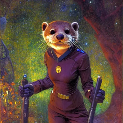 Prompt: a female otter in starfleet uniform at night in a dark forest. zootopia fursona furaffinity furry art detailed face painting by gaston bussiere craig mullins jc leyendecker gustav klimt artgerm greg rutkowski furry