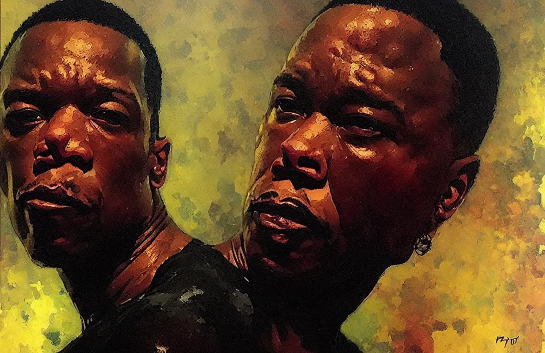 Image similar to portrait of dr dre!!!!!!!!!!!!!!!!!!!!!!!!!!!, detailed face, detailed painting,, epic lighting, by ilya repin, phil hale and kent williams