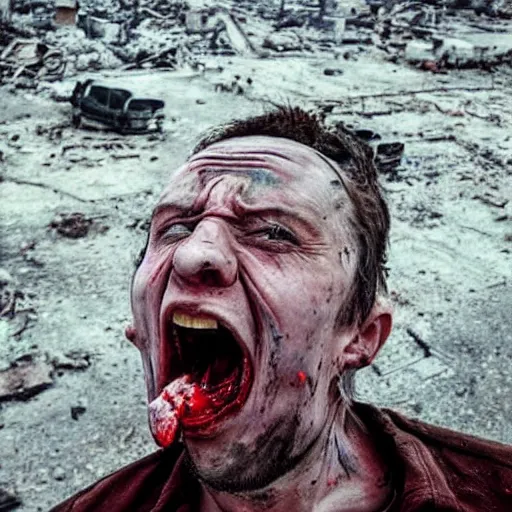 Image similar to selfie of a ukrainian screaming in pain and terrible injuries from a nuclear explosion, everything is on fire and radiation, in the background people look like zombies corpses and chocklets, a large nuclear explosion in the background