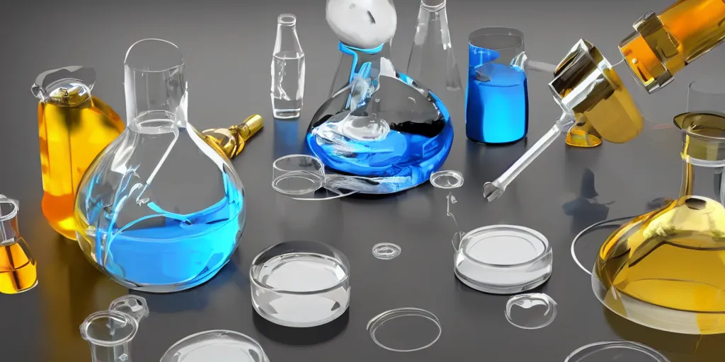 Prompt: instruments being used to mix chemicals, scientist, blender, 3d, apartment
