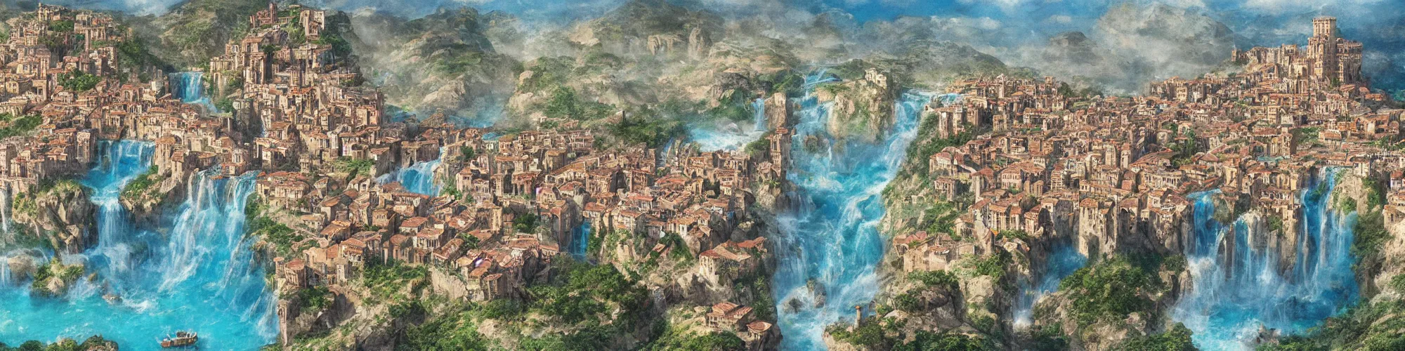 Prompt: Aerial map of a medieval italian city on top of a giant waterfall, D&D, fantasy, brightly colored buildings, highly detailed, digital painting, artstation, smooth, sharp focus, illustration, art by greg rutkowski studio ghibli, cinematic,