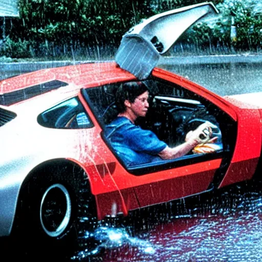 Prompt: realistic movie still, michael j. fox is in back to future ii, he drives a porsche, view through the windshield, it's raining, - n 9