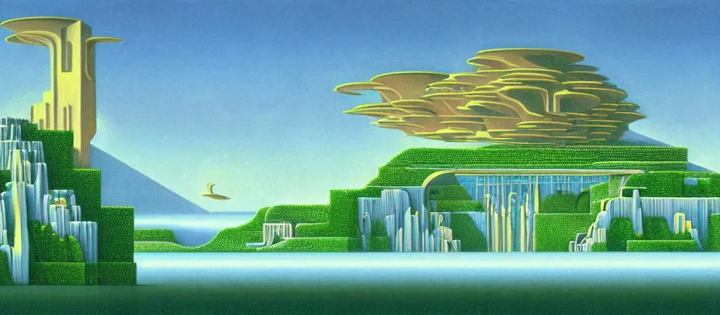 Image similar to huge gargantuan angular dimension of infinite poolsides, buildings by escher and ricardo bofill. utopian landscape by roger dean. magical realism, surrealism, waterfalls, clouds, mallsoft, vaporwave, trending on artstation, shot from below, epic scale