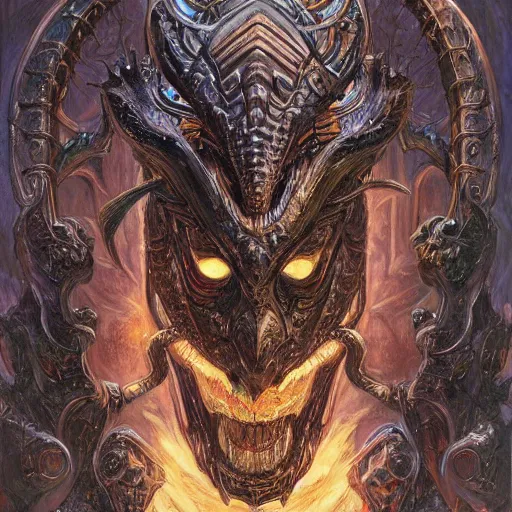 Image similar to The Black Dragon Mask D&D fantasy Item, art by Donato Giancola and James Gurney, digital art, trending on artstation