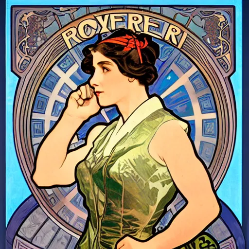 Image similar to a portrait of Rosie the riveter by Alphonse Mucha, intricate details, art nouveau card, 8k