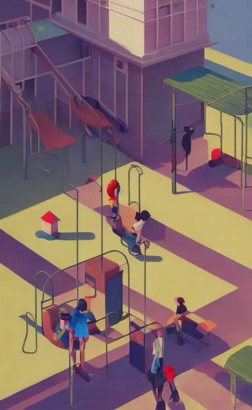 Image similar to children playground, surreal illustration, by atey ghailan and escher and edward hopper