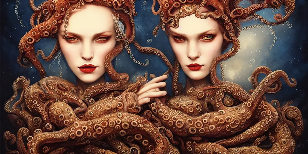 Image similar to queen of octopus with pearls embedded, nouveau, beautiful, by Anato Finnstark, Tom Bagshaw, Brom