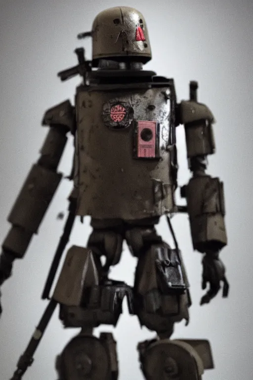 Image similar to a cinematic photo shot of a beautiful 1 : 6 scale threea toys figurine by ashley wood, world war one robot,, intricate dark background, dramatic light