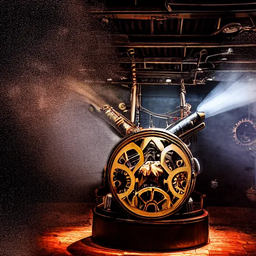 Prompt: a clockwork mechanical bull there are gears sticking out of the bull the room is filled with steam coming from below the floor, ultra high detail, high particle effects, highly reflective surface, realistic reflections