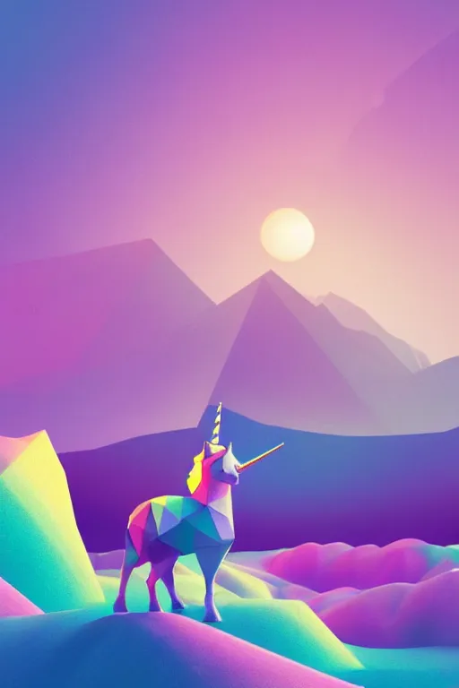 Image similar to geometric 3 d render, soft bright pastel, unicorn in the middle, mountains surrounding, rule of thirds