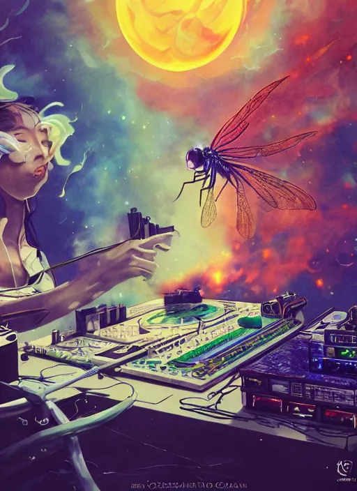 Prompt: surreal gouache painting, by yoshitaka amano, by ruan jia, by Conrad roset, by good smile company, detailed anime 3d render of a magical Dragonfly flying on a DJ Mixer and the sun exploding in the background, Vinyl deck, controller, portrait, cgsociety, artstation, rococo mechanical and Digital and electronic, dieselpunk atmosphere