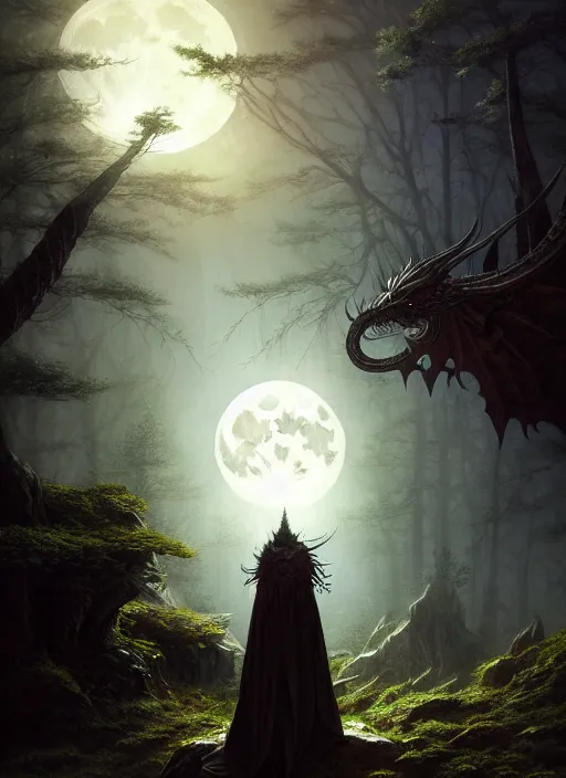 Prompt: full moon, adventurer outfit large cloak, fantasy forest landscape, dragon scales, fantasy magic, dark light night, intricate, elegant, sharp focus, illustration, highly detailed, digital painting, concept art, matte, art by WLOP and Artgerm and Greg Rutkowski and Albert Bierstadt, masterpiece