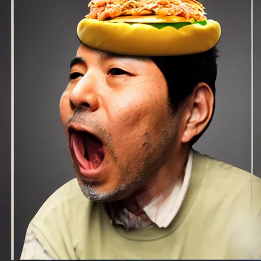 Image similar to Satoshi Nakamoto eating a cheeseburger, photo realistic, award-winning, highly-detailed, epic, cinematic, dramatic