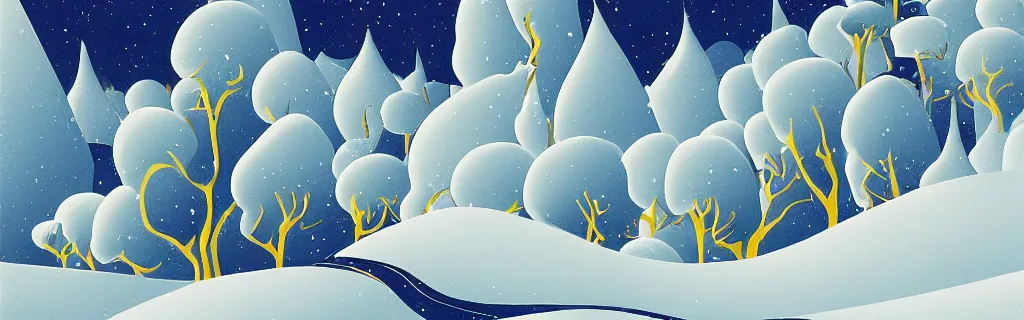 Image similar to snow, gold and white tones, animated film, stylised, illustration, by eyvind earle, scott wills, genndy tartakovski