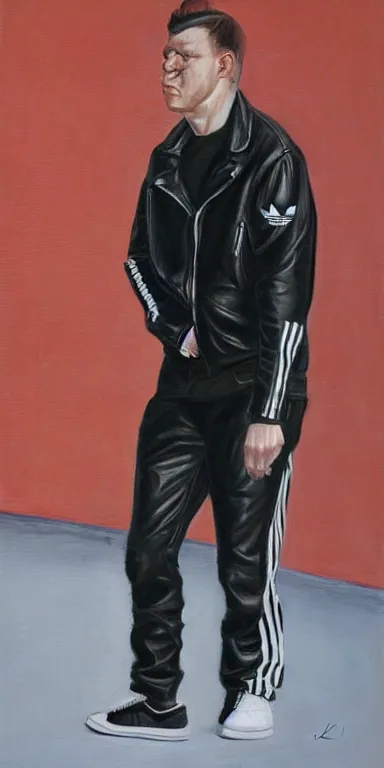 Prompt: gopnik in a black leather jacket, white Adidas pants, painting by Kimlit