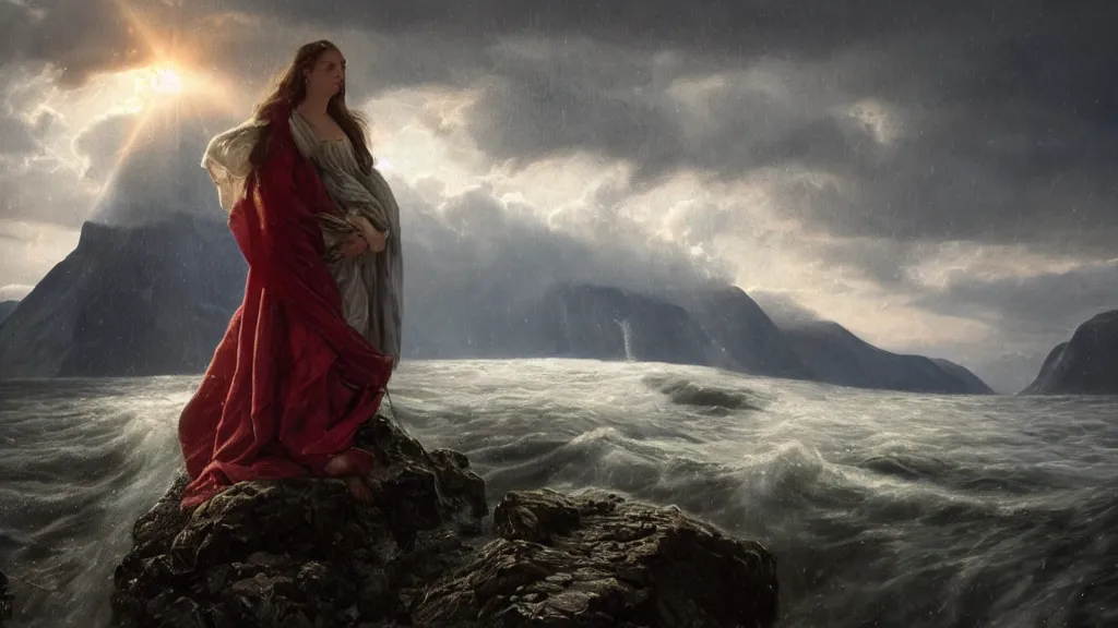 Image similar to queen, norway fjord, close up portrait, hudson river school, max rive, stormy seas, white royal dress, beautiful, bokeh, gentle, female, snowy, storm clouds, god rays, close up portrait, d & d, fantasy, elegant, low key color palette, concept art, roger deakins and greg rutkowski and alphonse mucha