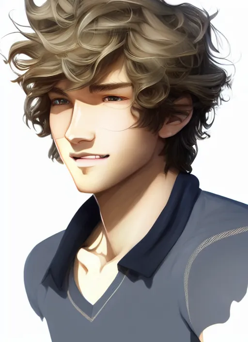 Image similar to young man with medium - length, curly, golden hair, perfectly proportioned face, aquamarine eyes, sweet smile, natural lighting, path traced, highly detailed, high quality, cartoon, digital painting, by new haicheng and studio ghibli