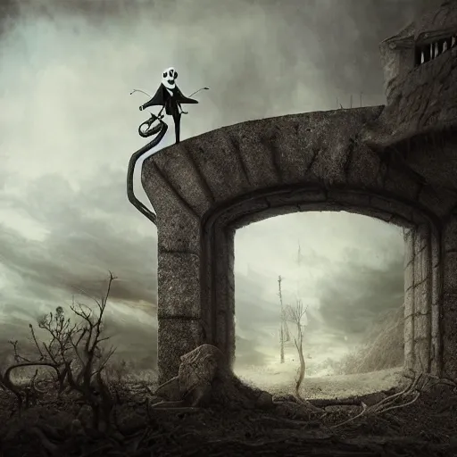 Image similar to michal karcz surrealism drawing of the end of the road. , in the style of jack skellington, in the style of a clown, loony toons style, horror theme, detailed, elegant, intricate, 4k, Renaissance painting