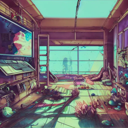 Image similar to anime background of the interior of a bedroom in the slums built from various coral seashells and being reclaimed by nature, nostalgia, vaporwave, litter, steampunk, cyberpunk, caustics, anime, vhs distortion, dynamic shot, cinematic letterbox, art created by miyazaki