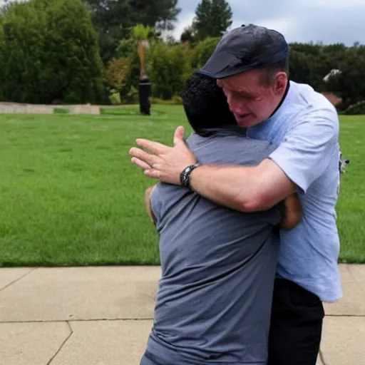 Prompt: a very tall middle aged white man hugging a very short young latino man