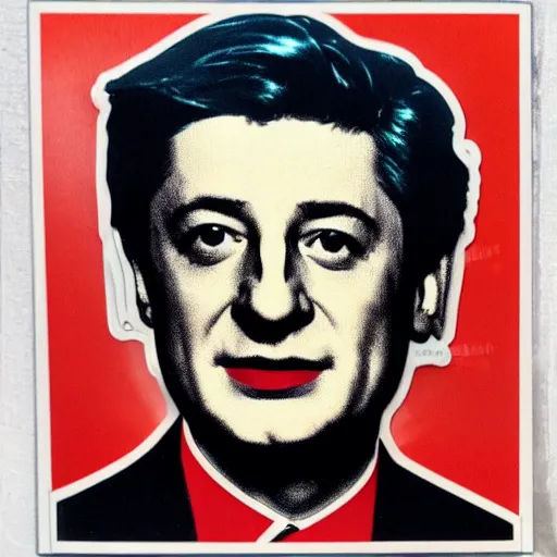 Prompt: zelenskiy, president. face like in his photographs. intricate sticker design by andy warhol