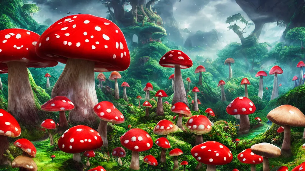 Image similar to archipelago in the mushroom kingdom, red and white spotted giant mushrooms, exotic flora, giant roses, thousands of flowers, fantasy artwork, very very very beautiful scenery, hd, hdr, ue 5, ue 6, unreal engine 5, cinematic 4 k wallpaper, 8 k, ultra detailed, high resolution, artstation, award winning