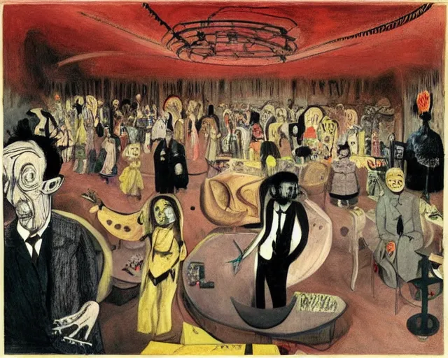 Image similar to the horror of beaurocracy, papers, horror, desks, office, waiting, stress, frustration, anger, crowded, harsh cinematic lighting, high qulity, 4 k, by charles addams and hilma af klint and affandi