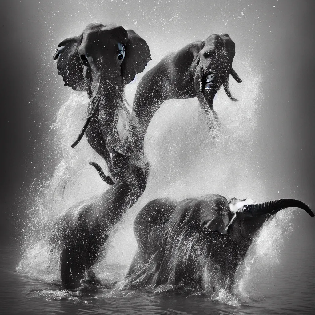 Image similar to “a black and white photo of an elephant splashing water by Maties Palau Ferré, featured on flickr, arabesque, national geographic photo, ilford hp5, majestic”