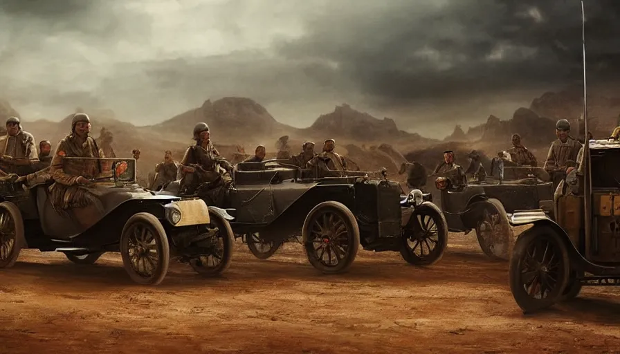 Image similar to british army driving a car in 1921 in indian village, tribe members attacking, action scene, an epic fantasy, dramatic lighting, cinematic, establishing shot, extremely high detail, photorealistic, cinematic lighting, artstation, by christopher nolan, horizon forbidden west