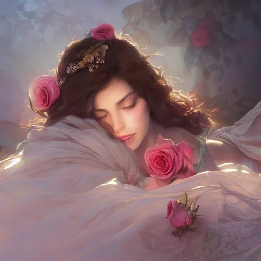 Prompt: Roses lying on a silk cloth, fog, volumetric lightin, intricate, elegant, highly detailed, digital painting, artstation, concept art, smooth, sharp focus, illustration, art by artgerm and greg rutkowski and alphonse mucha