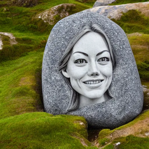 Prompt: big rock solid stone with the emerging face of emma stone buried inside the stone rock, render