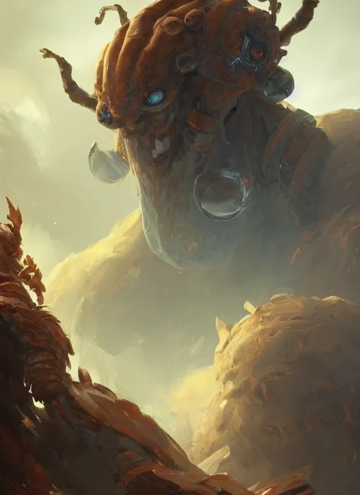 Image similar to a highly detailed illustration of worn down colossal bronze giant, with TWO big orange glowing iron giant eyes, gentle calm doting pose, intricate, elegant, highly detailed, centered, digital painting, artstation, concept art, smooth, sharp focus, league of legends concept art, WLOP